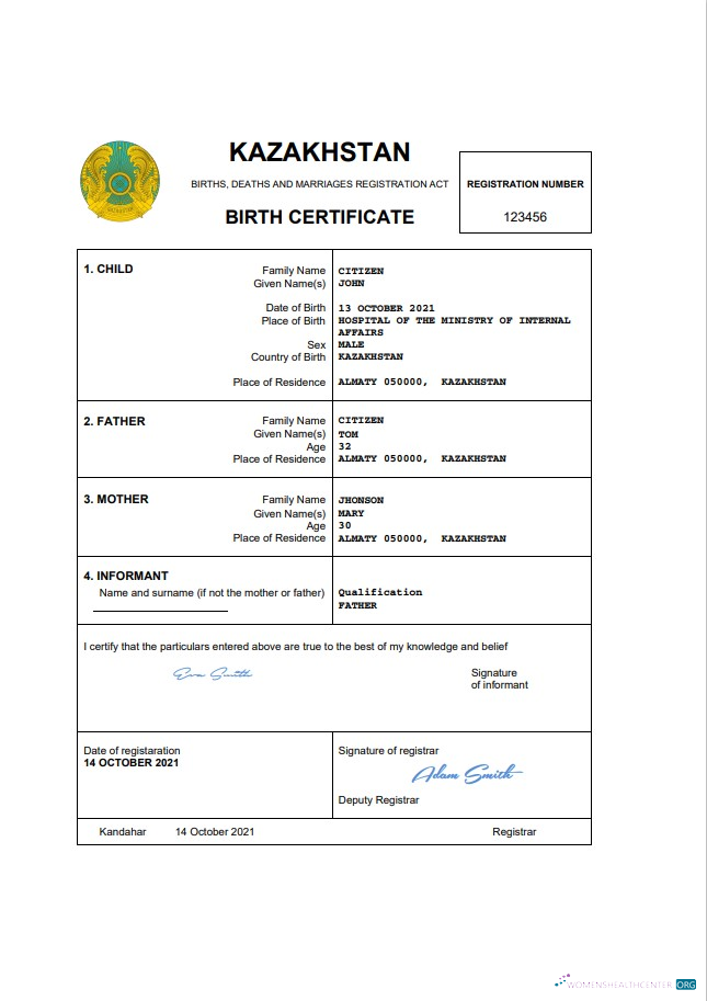 Download Kazakhstan vital record birth certificate Word and PDF template Photoshop template